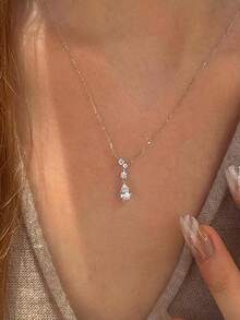 1pc Sterling 925 Silver Fashionable Elegant Shining Water Drop Teardrop Zirconia Pendant Chock Chain Necklace For Women Daily Wearing Friendship Birthday Party Jewelry Gift