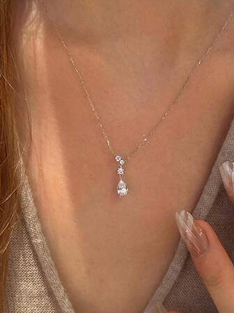 1 st sterling 925 silver fashionabel elegant glänsande vattendroppe tårdroppe zirkonia hänge chockkedja halsband för kvinnor dagligen bär vänskap födelsedagsfest smycken gåva