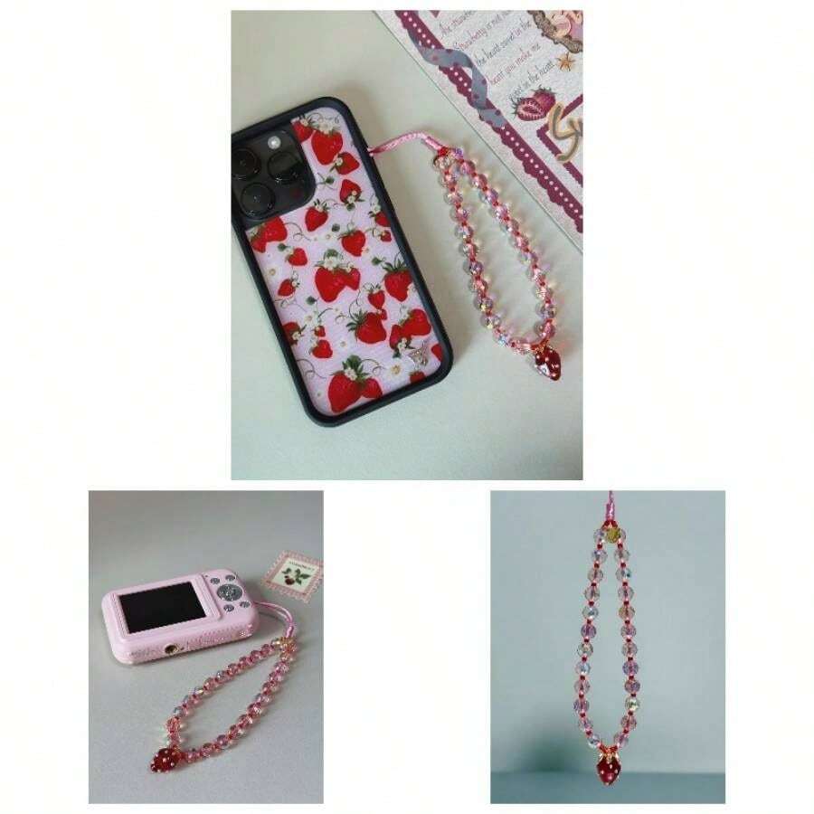 - Correa de pulsera con abalorio para telfono celular, correa universal para telfono celular, bonita correa de mueca, cadena de abalorio, accesorios hechos a mano para bolsas de cmara - Rojo Fresa - Ver 1