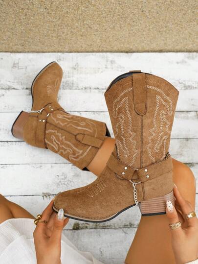 Women's Square Toe Chunky Heel Boots With Belt Buckle Chain Embroidery Western Cowboy Style, Suede, Slip-On Ankle Boots And Short Boots, Autumn/Winter New Outdoor Fashion