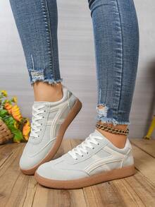 Women's Casual Versatile White Striped Accent Sneakers, Fashion Attractive Comfortable Durable Rubber Soft Sole Athletic Shoes, Breathable Lightweight Patchwork Sports Shoes For Women - 白色 - 查看 5