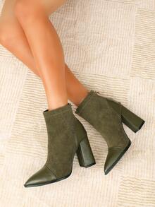 时尚百搭尖头高跟踝靴，柔软皮革踝靴，粗跟设计，后拉链，秋冬新款 - 軍綠色 - 查看 1