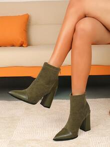 时尚百搭尖头高跟踝靴，柔软皮革踝靴，粗跟设计，后拉链，秋冬新款 - 軍綠色 - 查看 4