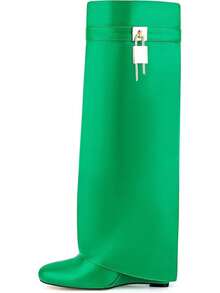 Fold Over Knee High Boots For Women Pointy Pull-On Wedge Heel Knee Shark Boot With Side Zipper Covered Wedge Heel Padlock BootChristmas - 綠色 - 查看 1