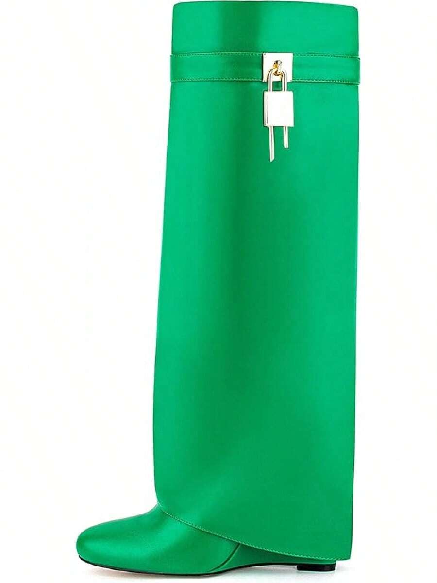 Fold Over Knee High Boots For Women Pointy Pull-On Wedge Heel Knee Shark Boot With Side Zipper Covered Wedge Heel Padlock BootChristmas - 綠色 - 查看 1