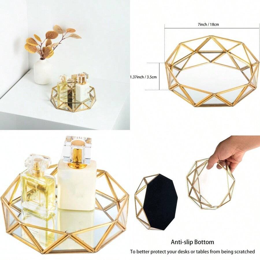 Small Gold Mirrored Tray Ornate Cosmetic Tray Makeup Jewelry Organizer Vanity Glass Trays Perfume Display Dresser Tabletop Decorative Trays 7 Inch 18cm