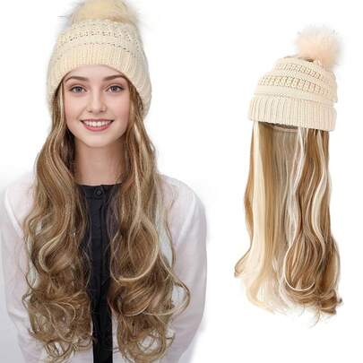 With Hair Attached For Women Slouchy Cable Hat Wig Knit Winter Hat With 20inch Removable Hair Extensions Wig (Ash Blonde-Black Hat)Halloween