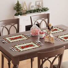 Set de 4 piezas/6 piezas, manteles individuales navideños con diseños de hojas rojas, campanas, muñecos de nieve y copos de nieve, adecuados para fiestas, hogar, cocina y decoración de mesa de comedor, de 12x18 pulgadas