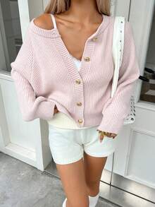 SEREN 秋冬新款粉色圆领纽扣针织开衫女宽松休闲时尚毛衣外套情人节上衣 - 藕粉色 - 查看 3