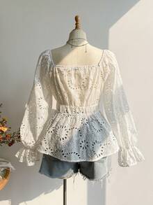 Rusttydustty 女士复古法式蕾丝刺绣 V 领系带袖口白色长袖衬衫，网络星期一圣诞节万圣节新年派对装