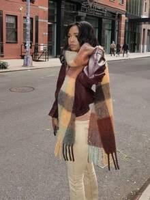 1 pieza Bufanda larga y esponjosa con flecos para mujer para el invierno, bufanda a cuadros grande y gruesa, chal cálido y sobredimensionado