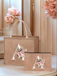 Mini Floral & Letter Print Linen Tote Bag, Women's Fashion Shopping Bag/Handbag/Grocery Bag, Teacher's Portable Tote Bag, Ideal Shopping Tote/Lunch Bag - Khaki - View 9