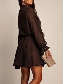 Tie Neck Ruffle Trim Flounce Sleeve Chiffon Dress Elegant Spring - Coffee Brown - View 4