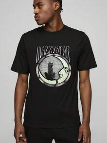 Round Neck Black T-Shirt with Cat and MAZZY STAR Print for Casual Wear - Negro - Ver 5