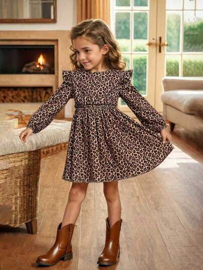 Girls' Elegant Leopard Print Long Sleeve Ruffle Hem Dress, Knit Fabric Fitted Flare Ruffle Detail, Casual Fashion For All Seasons