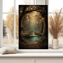 1pc Framed Canvas Wall Art, Magical Forest Swing Enchanted Woodland With Lanterns Fireflies Fantasy Nature Art Print Canvas Poster Painting Wall Decor, Ideal Gift For Bedroom Living Room Hallway Dorm, Ready To Hang - 彩色 - 查看 4