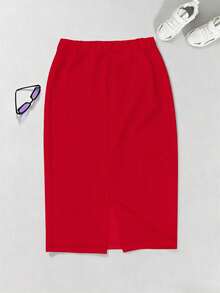 Gem Rose Solid High Waisted Pencil Skirt - Red - View 4