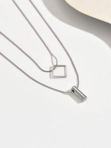 1pc Double Layer Pendant Necklace With Square And Cylindrical Pendants, Simple Design Exudes Elegance And Sophistication, Adds Graceful Lines To The Neck - Double-layer Pendant - View 8