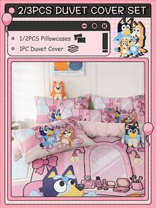 Bluey 布鲁伊 (Bruie) 2/3 件套床上用品套装，布鲁伊 (Bruie) 床上用品，舒适防起球床上用品套装，亲肤粉色卡通风格被套套装，家纺，被套和枕套，不含被芯，适用于单人床、双人床、大号床、特大号床，四季皆宜，可机洗，房间装饰 - 彩色 - 查看 3