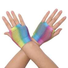 Fishnet Fingerless Gloves Mesh Arm Sleeves Fish Net Arm Sleeves EMO Gloves For Women In Theme Party Scene Accessories{"Size_name":"Short","Color_name":"#14-Rainbow(Short)"} - Multicolor17 - View 1