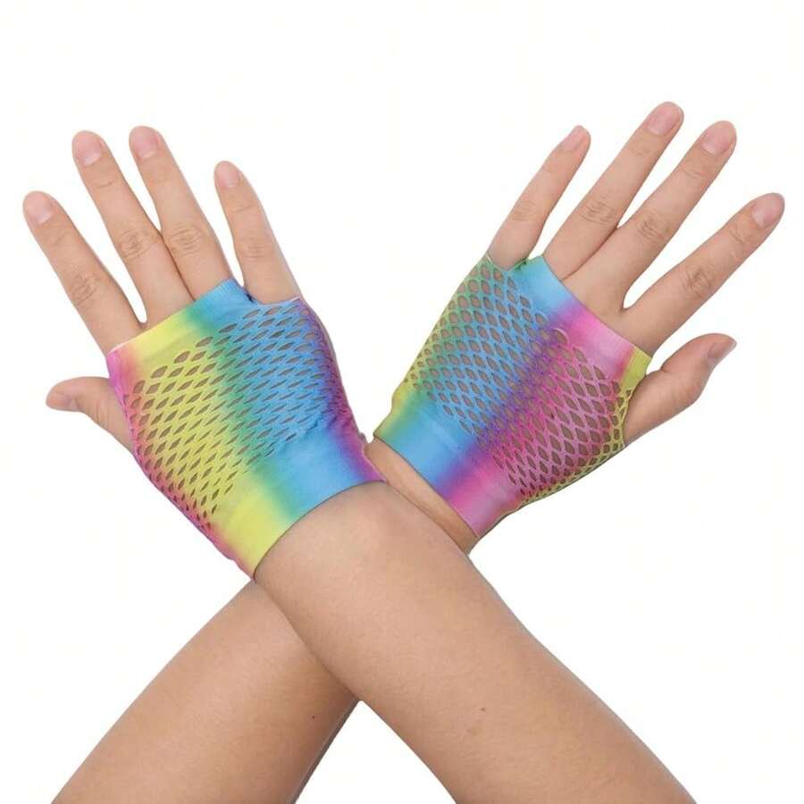 Fishnet Fingerless Gloves Mesh Arm Sleeves Fish Net Arm Sleeves EMO Gloves For Women In Theme Party Scene Accessories{"Size_name":"Short","Color_name":"#14-Rainbow(Short)"} - Multicolor17 - View 1