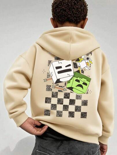 Pixel Art Style Hoodie, Featuring Block Figure Design And Checkerboard Print, Suitable For Teenage Boys. This Fashionable Long Sleeve Hoodie Is An Ideal Choice For Autumn/Winter Student Teenage Boys.