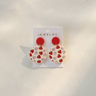 1 Pair Cute Bohemian Style Red & Pink Strawberry Doodle Acrylic Round Pendant Earrings, Gift For Women, Suitable For Vacation, Music Festival, Party