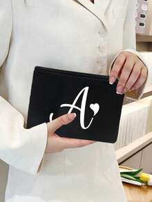 1pc Black Large-Capacity Cosmetic Bag, Printed With White Artistic Letters A-Z And A Heart Pattern,Hot-Selling Fashion Item Suitable For Travel, Toiletry, Multi-Functional Storage, Jewelry Storage, Coin Purse, Headphone Bag, Digital Storage Bag,Christmas Gifts,Pouch,Travel,Gifts For Women,Women's Necessaire,Travel Essential,Pouch,Clutch / Small Handbag,Necessaire,Makeup Organizer,Makeup Organize,Pouch,Brush Holder,Mini Pouch,Large Capacity Pouch