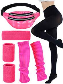 D EXCEED 1/2/4/5件套80年代女士运动套装，包括荧光腿套、头带、腕带、半透明纯色连裤袜和腰包，80年代瑜伽跑步配饰，80年代主题派对及户外运动装备 - 彩色 - 查看 6