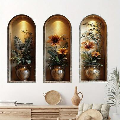 3 قطع ملصقات جدارية بطراز نوردي للنباتات، ملصقات فنية جدارية من الفينيل لغرفة المعيشة والسكن الجامعي والمكتب وديكور المنزل