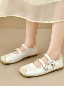 Women's Square Toe Mary Jane Shoes, Patchwork Double Buckle Strap Flats, Comfortable Low-Cut Soft Bottom Casual Shoes For All Seasons - Beige - View 2