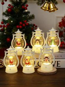 1 felinar mini cu LED din plastic cu temă de Crăciun, cu capac transparent, decor de sărbători adorabil cu Moș Crăciun, om de zăpadă și alte elemente de Crăciun, design vintage de felinar cu bază iluminată, potrivit pentru decorarea de Crăciun, decorațiuni de Crăciun, cadouri de Crăciun