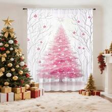 ستائر شفافة بشكل شجرة عيد الميلاد وردية اللون، ديكور عيد الميلاد، تصميم جيب العمود، قابلة للغسيل، مناسبة لديكور المنزل مثل غرفة المعيشة والنوم والمكتب، مناسبة للاستخدام على مدار السنة