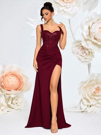 ADYCE Women's Elegant Sequin Patchwork Thick Strap Small V-Neck High Waist Pleated Fishtail High Slit Open Back Tie Maxi Dress, Suitable For Prom, Wedding Guest, Homecoming, Date Night, Formal Dinner, Birthday Party, Holiday Party, Family Gathering And Other Occasions.