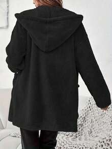 Plus Size Women Casual Solid Color Hooded Long Sleeve Zipper Pocket Design Fluffy Jacket, Fashionable & Elegant For Daily Commute And Street Style, Suitable For Autumn And Winter