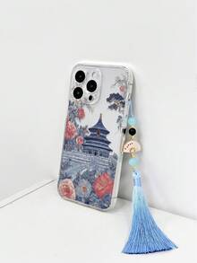 精致镂空复古中国建筑彩绘串珠流苏折扇吊坠，加厚防震彩绘手机壳，适用于 17pro/17Air /17/17promax16/11/16pro/16plus/16promax/16e/15Promax/13/14/12/XS/XR/7G/8P、Galaxy、Redmi - 彩色 - 查看 3