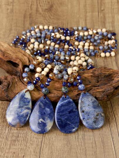 Vintage Natural Soda Stone Necklace, Bohemian Water Drop Pendant, Handmade Knotted Natural Stone Long Necklace, Winter Women's Jewelry, Thanksgiving Gift