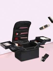 极简化妆包，金色拉链，时尚黑金配色，优质材料，大容量，可收纳指甲油、化妆品，旅行化妆包，美甲工具收纳盒，学生文具整理包，宿舍收纳包，生日/圣诞节/万圣节/感恩节/情人节礼物（含肩带）（拉链款式随机） - 黑色 - 查看 2