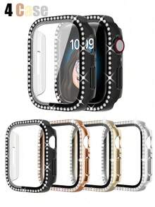 4pcs Inlaid With Sparkling Rhinestones Decorative Watch Cases Compatible With Apple Watch Cases, Anti-Drop And Scratch-Resistant Hard Pc Protective Case With Ultra-Thin Hd Tempered Glass Protective Film. 2-In-1 Protective Case, Compatible With Apple Watch Series Ultra/11/9/8/7/6/5/4/3/Se, 38/40/41/42/44/45/46/49 Mm Women'S Protective Case Easy To Wear And Sensitive Touch