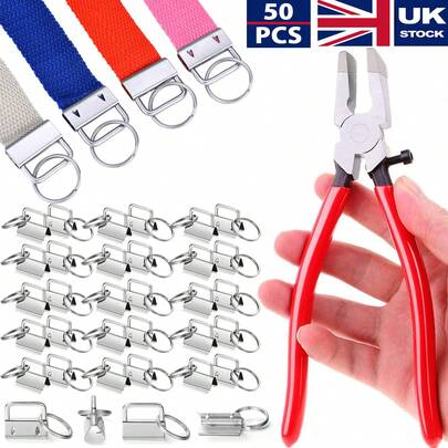 50X Key Fob Hardware Set With Split Rings Pliers For Wristlet Clamp Lanyard UK