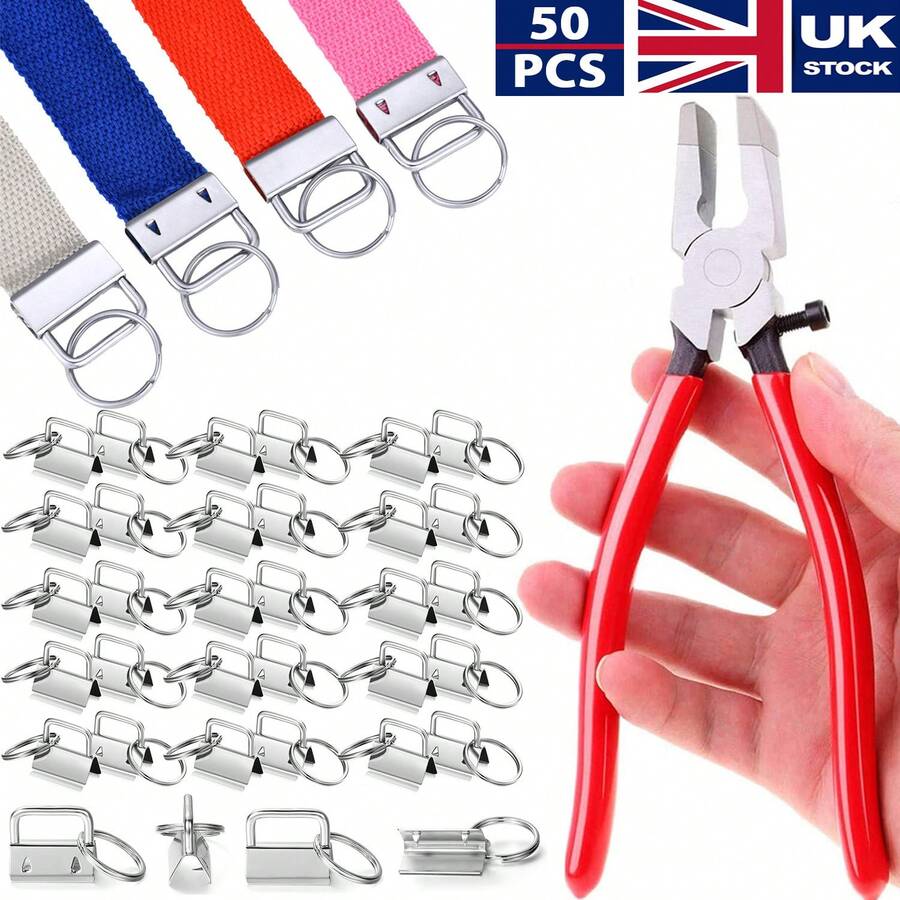 50X Key Fob Hardware Set With Split Rings Pliers For Wristlet Clamp Lanyard UK - Red - View 1