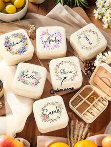 Scatola portagioie personalizzata con corona floreale, scatola portagioie personalizzata con nome per donna, scatola portagioie per damigella, scatola portagioie per ragazze, scatola portagioie per anelli, scatola portagioie da viaggio personalizzata con nome, custodia da viaggio beige personalizzata con chiusura lampo e fodera in tessuto, regalo perfetto per la proposta alle damigelle o ricordo di coppia, elegante, artistico