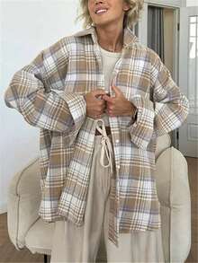 外出优雅休闲漂亮年轻宽松格子开衫纽扣长袖女衬衫上衣秋冬/万圣节/感恩节 - 杏色 - 查看 8