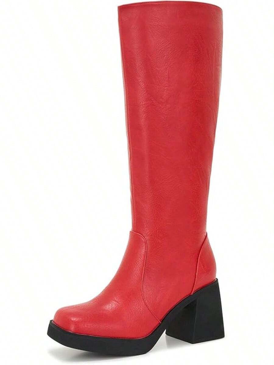 Wide Calf Plus Size Women's 70s Gogo Tall Knee High Square Toe Chunky Heel Retro Fashion Vintage Boots - 深紅色 Pu - 查看 1