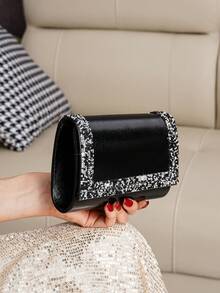 Geantă de mână cu clapă decorată cu sclipici, geantă de mână din piele PU, poșetă formală pentru petreceri, geantă de umăr cu lanț, geantă la modă