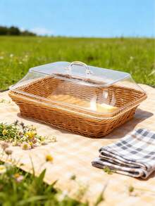 13.8*9.8 Inch Woven Bread Basket With Lid, Farmhouse Style Rattan Storage Bin For Fruits, Vegetables & Rolls, Kitchen Counter & Dining Table Organizer, Rectangular Serving Basket For Party Valentine's Day Home Gifts - Brown - View 6