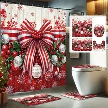 مجموعة هدايا تشمل ستارة حمام للزينة الشتوية والعيد بتصميم الكرات والسنديان والفرنسية والثلج بألوان أحمر وأخضر، قابلة للغسيل، ستارة نافذة الحمام، تشمل 12 خطاف و غطاء مقعد مرحاض مانع للانزلاق بشكل حرف U