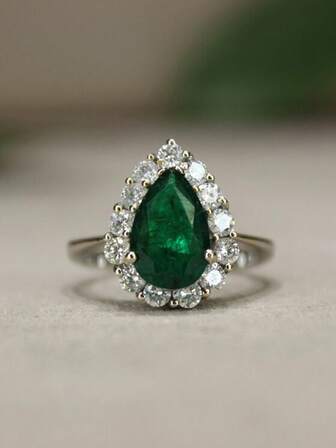 1 件 S925 纯银泪滴形绿色锆石复古优雅戒指，适合女性佩戴，适合日常佩戴、节日、派对、珠宝礼物