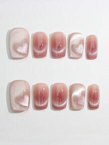 10片手工制作的按压式美甲贴片，短方形，蓝色，Y2K风格，甜美清新，纯色，心形图案，适合女性和女孩，春夏假期及日常佩戴。 - 粉色 - 查看 2