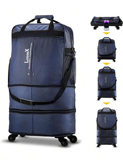 1pcs Suitcases With Wheels, Expandable Collapsible Luggage Rolling Travel Duffle Bag Without Telescopic Handle, Foldable Large Weekender Bag For Men Women, Blue